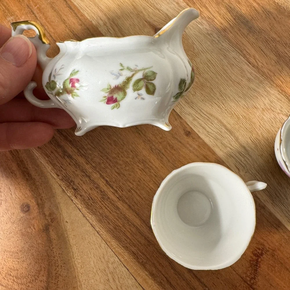 Miniature Porcelain Tea Set Creamer Teacups White Pink Gold Floral Vintage 3pc